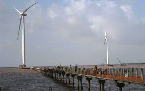 Các tuabin gió trên biển của Nhà máy điện gió Bạc Liêu (Ảnh: Bùi Sĩ Hoa/TuanVietNam)