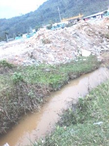 Nguồn nước tại con lạch nằm ở Khu vực 1, phường Bùi Thị Xuân đổ ra Bàu Lát đen ngòm vì ô nhiễm bột đá.