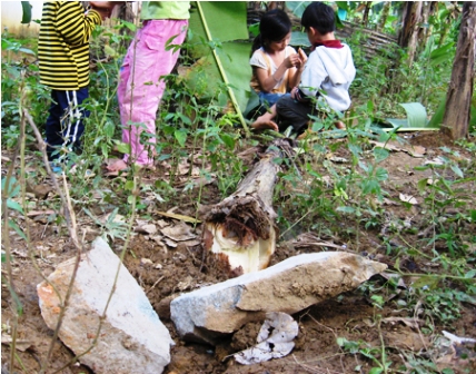 Hai viên đá lớn văng từ mỏ đá suýt rơi trúng nhà bà Trương Thị Mai