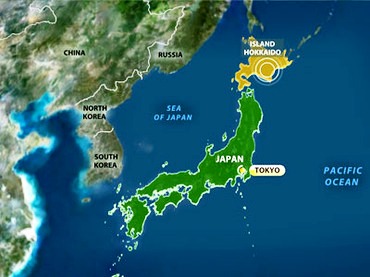 Bản đồ thể hiện điểm xảy ra động đất ở Hokkaido, đông bắc Nhật Bản