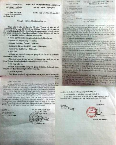 Công văn của UBND tỉnh Sơn La đề nghị Chính phủ cho phép xuất khẩu quặng tồn kho.