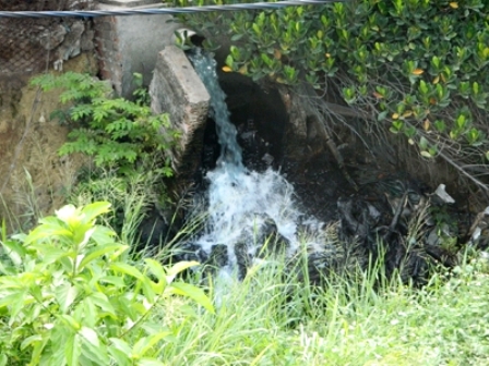 Nước thải từ nhà máy chế biến gỗ và xí nghiệp dệt nhuộm bên cạnh đổ ra suối Nhum (Ảnh: LT/Tiền Phong)