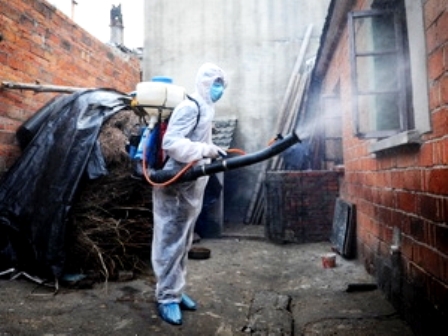 Phun thuốc khử trùng tại ngôi nhà có người xét nghiệm dương tính với H7N9 ở tỉnh An Huy (Ảnh: AFP/TTXVN)