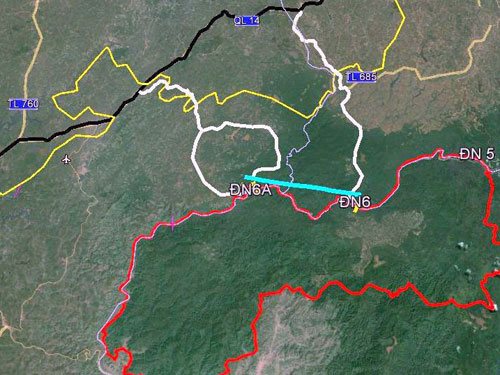 Mô phỏng đường dây nối 2 dự án thủy điện Đồng Nai 6 và 6A đi qua Vườn Quốc gia Cát Tiên (Ảnh: Thu Sương)