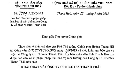 Một phần công văn của UBND tỉnh Thanh Hoá gửi Thủ tướng Chính phủ 