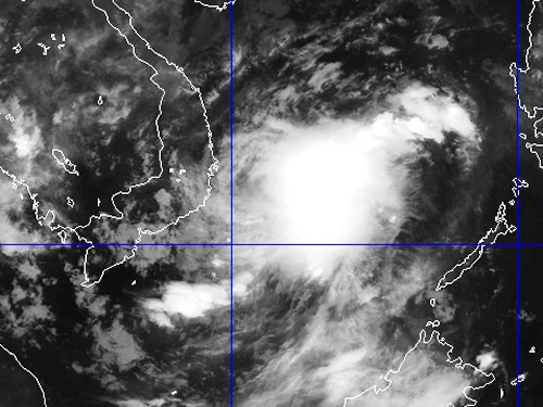 Ảnh mây vệ tinh sáng nay 14-11 cho thấy áp thấp nhiệt đới đã áp sát Nam Trung bộ (Nguồn: Trung tâm dự báo khí tượng thủy văn Trung ương/www.nld.com.vn)