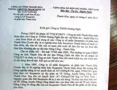 Kết quả điều tra của cơ quan công an về hành vi tẩy sửa quyết định số 147/CNNg/KTM của công ty CP Secphentin và phân bón Thanh Hóa