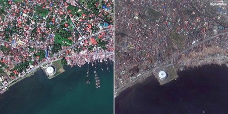 Hình ảnh chụp từ vệ tinh một điểm ở Philippines trước và sau siêu bão
