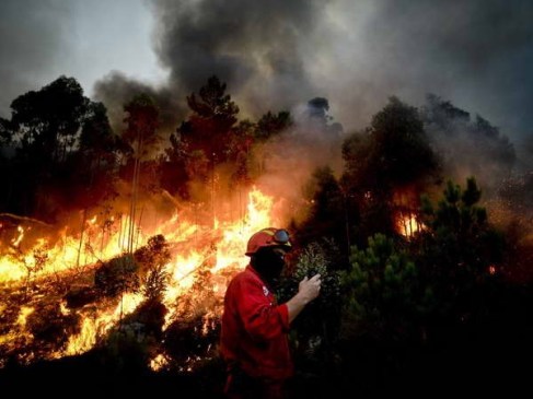 Nhân viên cứu hỏa nỗ lực dập các đám cháy rừng đang lan rộng tại Talhadas, gần Oliveira de Frades, miền trung Bồ Đào Nha (Ảnh: AFP/TTXVN)
