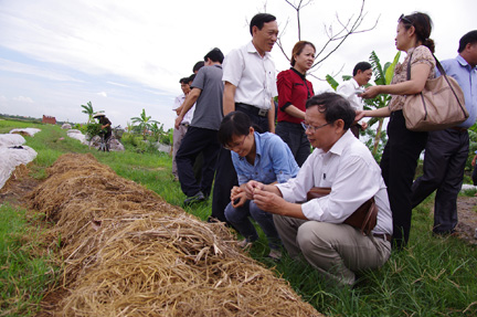Đoàn công tác kiểm tra sản phẩm nấm rơm được trồng từ phụ phẩm nông nghiệp (Ảnh: Báo Hải Phòng)