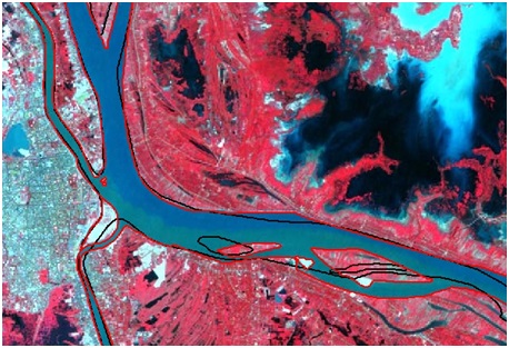Hình 6: Biến động đường bờ sông ở vùng giao điểm năm 1973 (xanh)và năm 2009 (đỏ). Cửa sông Bassac bị thu hẹp và ngoặc về Đông Nam