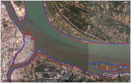Hình 7: Xu hướng cửa sông Bassac bị thu hẹp và ngoặc về hướng Đông Nam được xác nhận trong 10 năm gần đây. 2003 (xanh) và 2013 (đỏ).