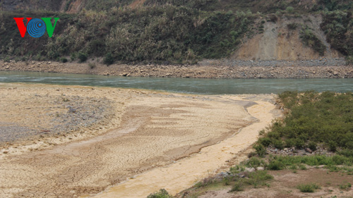 Dòng chảy đục ngầu do nạn khai thác vàng trái phép của suối Toong đang đổ ra sông Đà (Ảnh: Minh Phong/VOV Online)