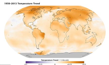 Một phân tích về nhiệt độ toàn cầu của Cơ quan hàng không vũ trụ Mỹ (NASA) cho thấy, 2013 là năm ấm nóng thứ 7 kể từ năm 1880. Ngoài ra, 9 trong số 10 năm ấm nóng nhất trong lịch sử đều xảy ra sau năm 2000, với năm 2010 và 2005 là nóng nhất (Ảnh: Corbis)
