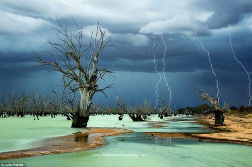 Quang cảnh gây rùng mình này được chụp ở hồ Menindee, tận cùng phía tây New South Wales, và được đăng trên tờ National Geographic của Pháp vào tháng 5. Fletcher cho biết "nước màu xanh lá cây đục là một hiện tượng tự nhiên xảy ra do hoạt động điện từ do sét đánh vào bề mặt nước."