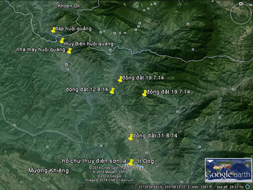 Bản đồ thể hiện động đất ở Sơn La (Ảnh: Việt Vật lý địa cầu)