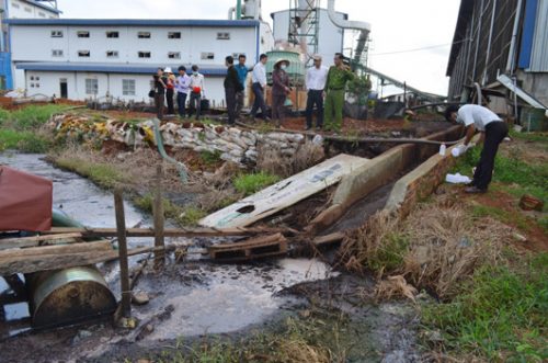 Kiểm tra, lấy mẫu phân tích tại khu vực hồ chứa nước thải sản xuất tại Nhà máy Sản xuất MDF của Công ty Cổ phần Kỹ nghệ gỗ MDF Long Việt (Ảnh: Báo Đắk Nông)