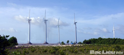 Nhà máy điện gió Bạc Liêu nhìn từ bờ đê. (Ảnh: Lâm Hương Nguyên)