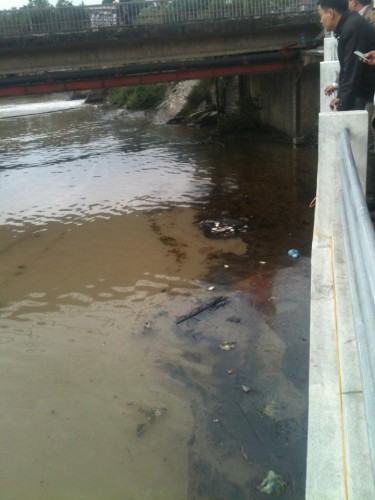 Váng dầu trên sông. (Ảnh: Hà Thúy - Phạm Sang)