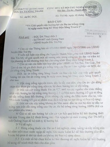 Báo cáo số 44/BC-BQL ngày 5-4-2007 của BQL dự án trồng rừng Sông Tranh. (Ảnh: Công an TP Đà Nẵng)