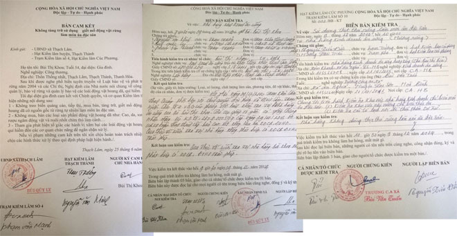Bản cam kết không tàng trữ, sử dụng, giết mổ động vật rừng làm món ăn đặc sản. Biên bản kiểm tra nhà hàng kinh doanh ăn uống của bà Bùi Thị Khoa tại thôn Thống Nhất, Thạch Lâm, Thạch Thành. Biên bản kiểm tra nhà hàng kinh doanh ăn uống Hương Rừng (Ảnh: Báo Lao động)