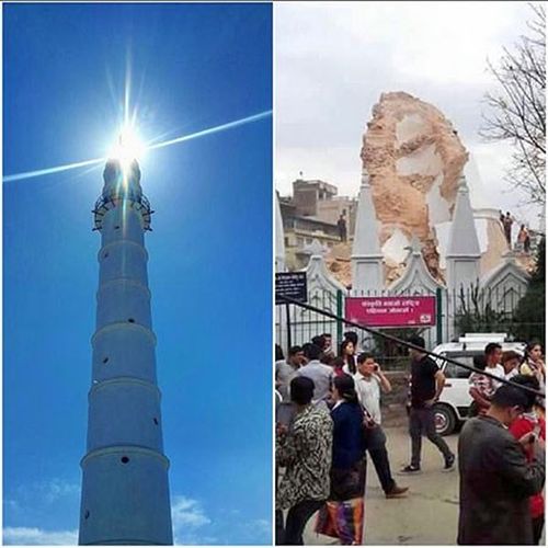 Tháp Dharahara trước và sau khi động đất (ảnh trái). Ảnh: TWITTER. Bệnh viện dã chiến bên đường. Ảnh: AP