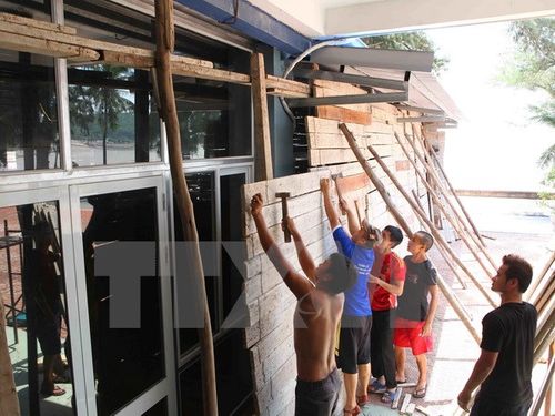 Người dân quận Đồ Sơn, Hải Phòng gia cố nhà cửa để giảm thiểu thiệt hại do bão gây ra. (Ảnh: Quý Trung/TTXVN)