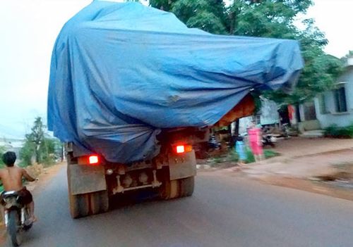 Chiếc xe chở gỗ lậu không biển số di chuyển trên tỉnh lộ 664. (Ảnh: Sài Gòn Giải Phóng)