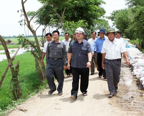 Phó Thủ tướng Chính phủ Hoàng Trung Hải kiểm tra hệ thống đê bao ngăn lũ huyện An Phú (An Giang). (Ảnh: Hữu Huynh)
