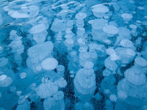 Bong bóng băng ở Hồ Abraham, Alberta, Canada là tác phẩm từ khí metan của động thực vật trong hồ. (Nguồn: Huffington Post)