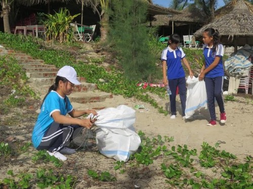 Các em học sinh tham gia nhặt rác tại bãi biển An Bàng. (Ảnh: Nguyễn Sơn/Vietnam+)