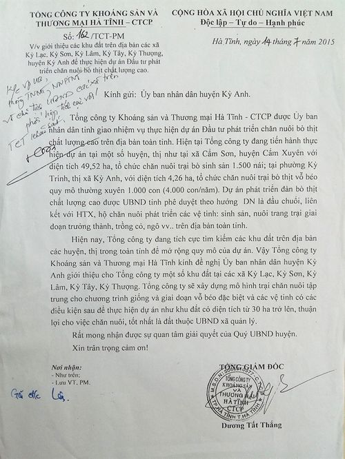 Văn bản xin khảo sát địa điểm để thuê đất của một TCty gửi UBND huyện Kỳ Anh (Hà Tĩnh)