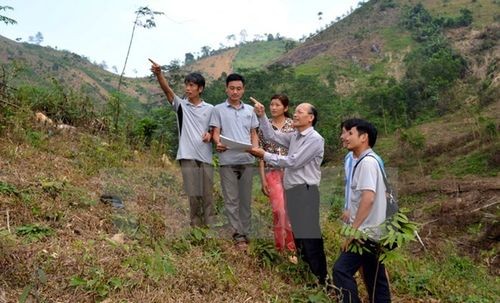 Cán bộ thôn Đồng Mộc và xã Trung Sơn, huyện Yên Sơn giao đất rừng cho bà con trong thôn (Ảnh: Văn Tý/TTXVN)