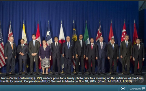 Lãnh đạo các nước thành viên TPP tại cuộc họp thượng đỉnh APEC ở Manila vào tháng 11/2015. (Ảnh: AFP)