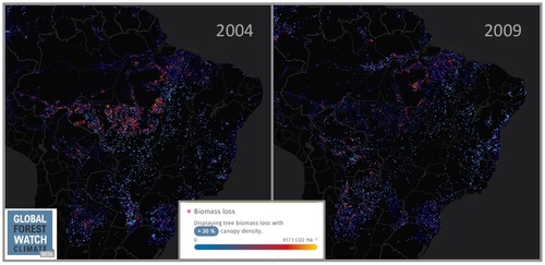 Giảm mật độ cây xanh (ảnh trên) và phát thải carbon (ảnh dưới) tại Brazil đã có nhiều thay đổi nhờ cải thiện quy định sử dụng đất. (Ảnh: Global Forest Watch)
