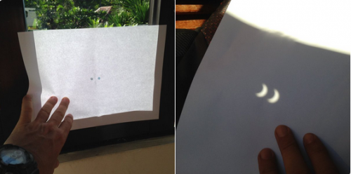 Người dân Bali có cách quan sát hiện tượng nhật thực hết sức đặc biệt khi sử dụng tờ giấy có đục lỗ. (Nguồn: RT)