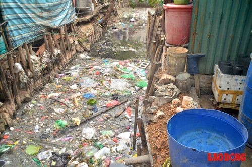 Với tổng chiều dài gần 3 km, nhiều năm nay rác thải phủ kín mặt nước mương. Nước dưới mương đen kịt, rác thải trôi nổi kín mặt nước.