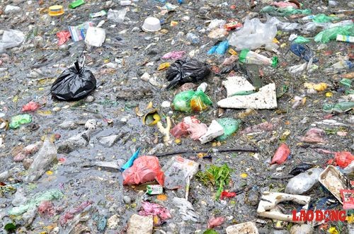 Chiếc cống qua dốc Tam Đa bóp nhỏ con mương lại, khiến nó dồn ứ rác thải nổi lềnh bềnh trên mặt nước. 