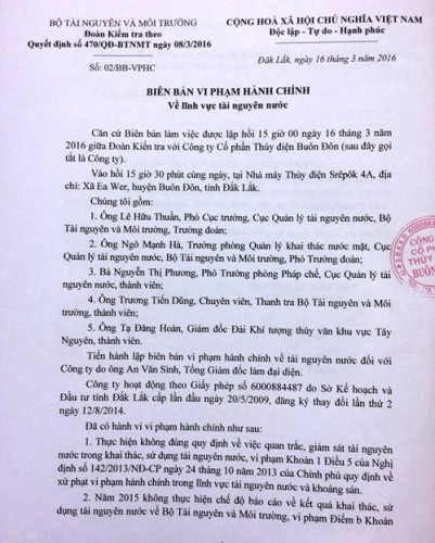 Biên bản vi phạm hành chính đối với Công ty Cổ phần thủy điện Buôn Đôn.