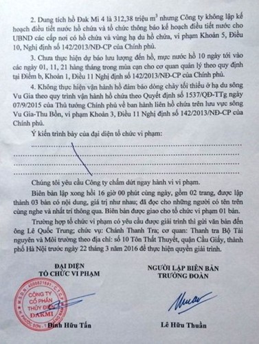 Biên bản vi phạm hành chính đối với Công ty Cổ phần Thủy điện Đăk Mi.