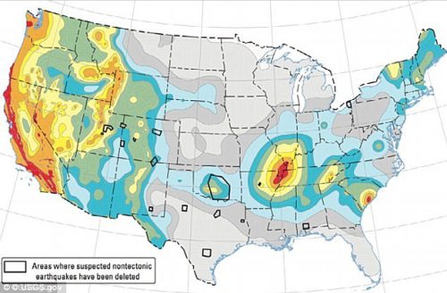 Các khu vực được đánh dấu màu nóng (gồm các bang Alabama, Arkansas, Colorado, Kansas, New Mexico, Ohio, Oklahoma và Texas) có nguy cơ cao xảy ra động đất (Nguồn: dailymail.co.uk)