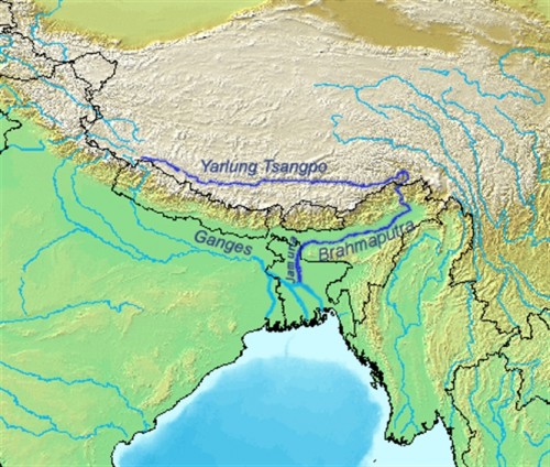 Sông Yarlung/Brahmaputra trên bản đồ (Ảnh: wikipedia)