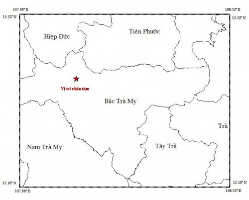  Bản đồ tâm chấn trận động đất mạnh 3,2 độ richter xảy ra tại khu vực thủy điện Sông Tranh 2 (huyên Bắc Trà My, Quảng Nam) tối ngày 9/4.