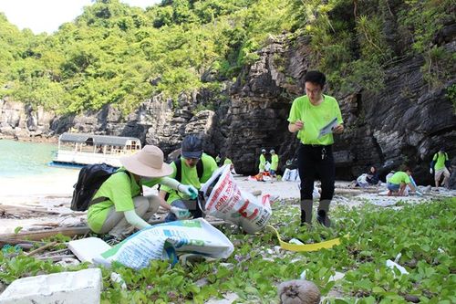 Các nhóm tình nguyện viên chung tay dọn rác trên các đảo Vịnh Hạ Long. (Ảnh: Hùng Võ/Vietnam+)