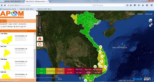 Các chỉ số ô nhiễm bụi thể hiện trên bản đồ của hệ thống APOM. 