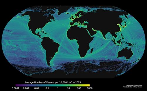 Sơ đồ số lượng tầu trên biển trong năm 2015. (Ảnh: Global Fishing Watch)