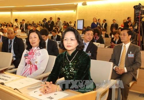  Phó Chủ tịch nước Đặng Thị Ngọc Thịnh đến dự và phát biểu tại khóa họp thứ 32 Hội đồng Nhân quyền Liên hợp quốc ngày 13/6 (Ảnh: Quang Hải/TTXVN)