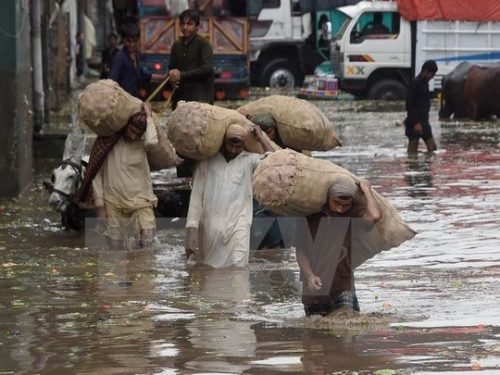 Cảnh ngập lụt sau những tận mưa lớn tại Lahore (Nguồn: AFP/TTXVN)