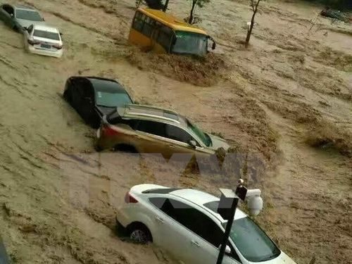 Nước lũ cuốn trôi xe ôtô sau khi bão Nepartak đổ bộ vào thành phố Phúc Châu, gây mưa lớn và ngập lụt ngày 9/7. (Ảnh: AFP/TTXVN)