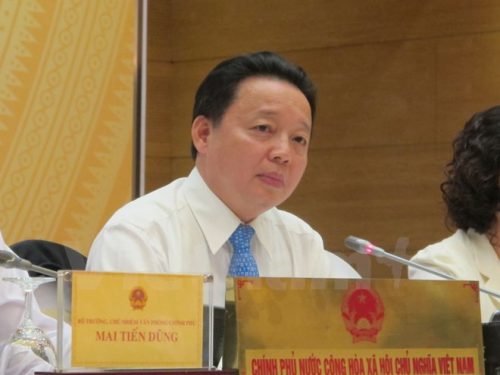 Bộ trưởng Trần Hồng Hà đang nói về Formosa tại buổi họp báo do Văn phòng Chính phủ tổ chức (Ảnh: Đức Duy/Vietnam+)